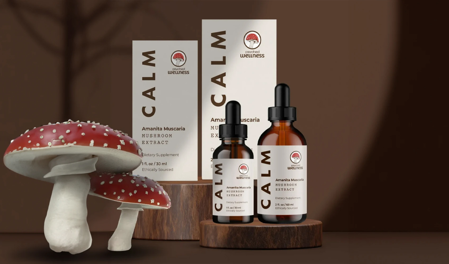 Two bottles of Calm by Psyched Wellness on wooden slabs next to Amanita Mushrooms