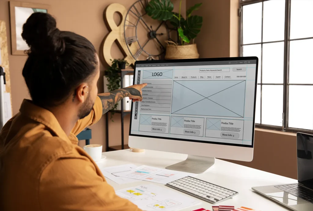 A person sitting at a desk pointing to a wireframe section on their screen named "LOGO"