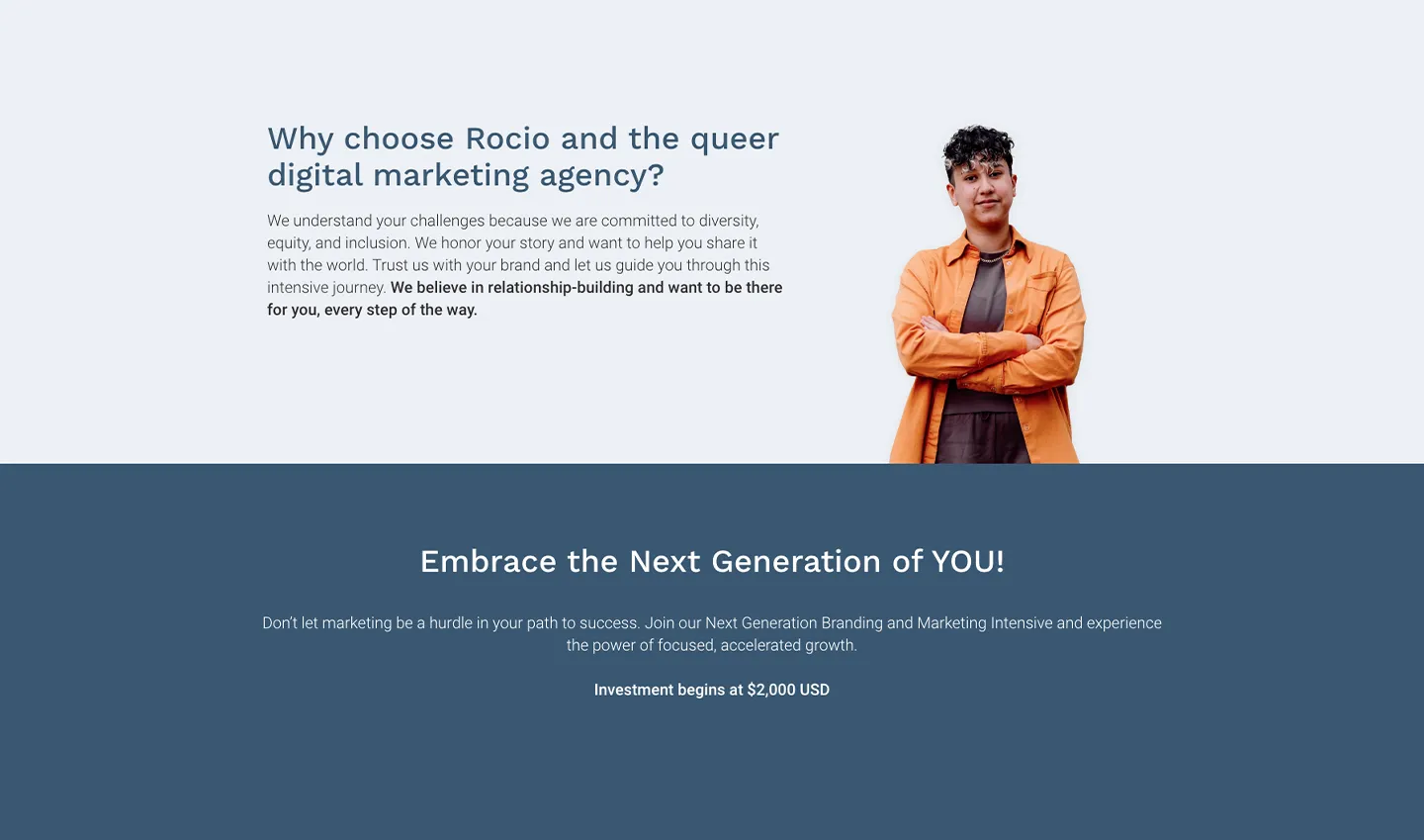 A screenshot of the website for the marketing agency Marketing by Rocio