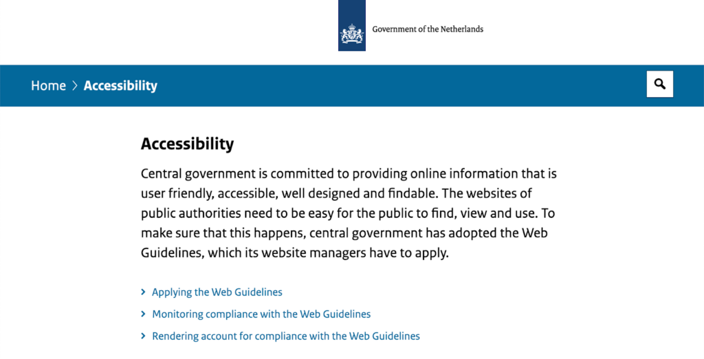 The Government of the Netherlands accessibility page shows easy-to-read content and explains the standards of accessibility it has on its website.