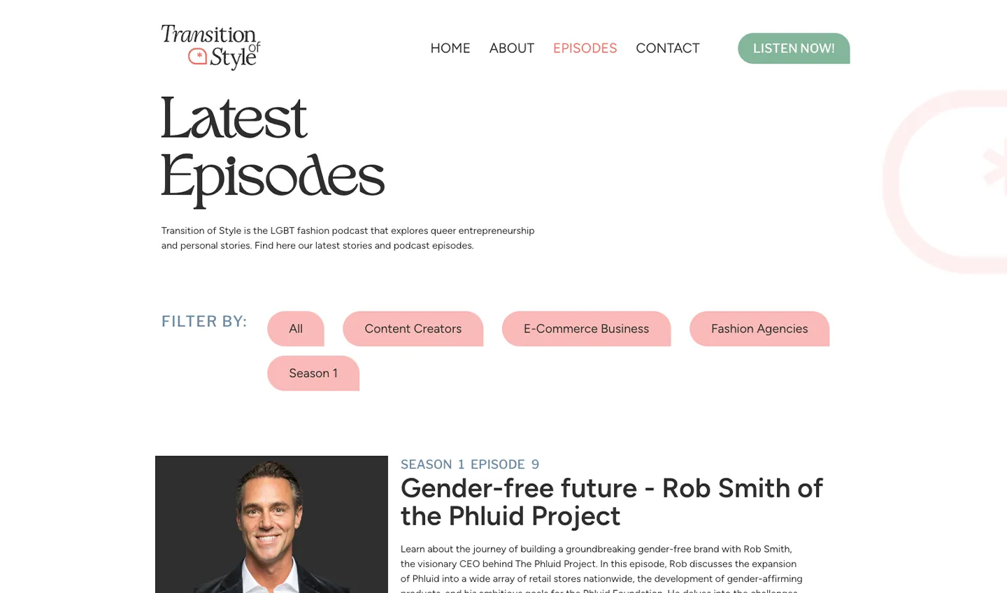 A screenshot of the website for the podcast "Transition of Style"