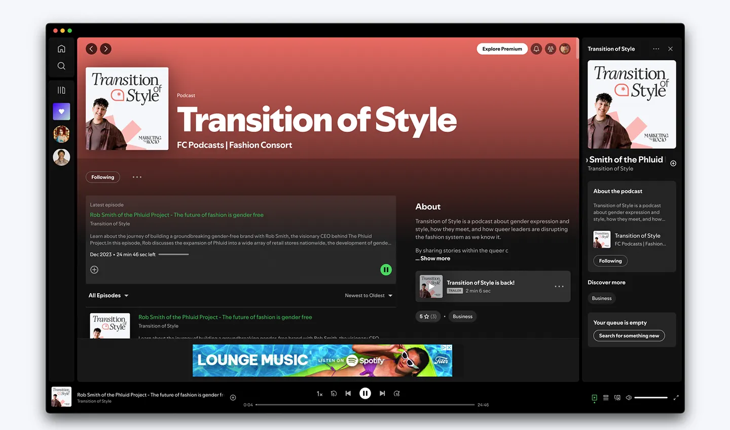 A screenshot of the spotify player showing the Transition of Style podcast