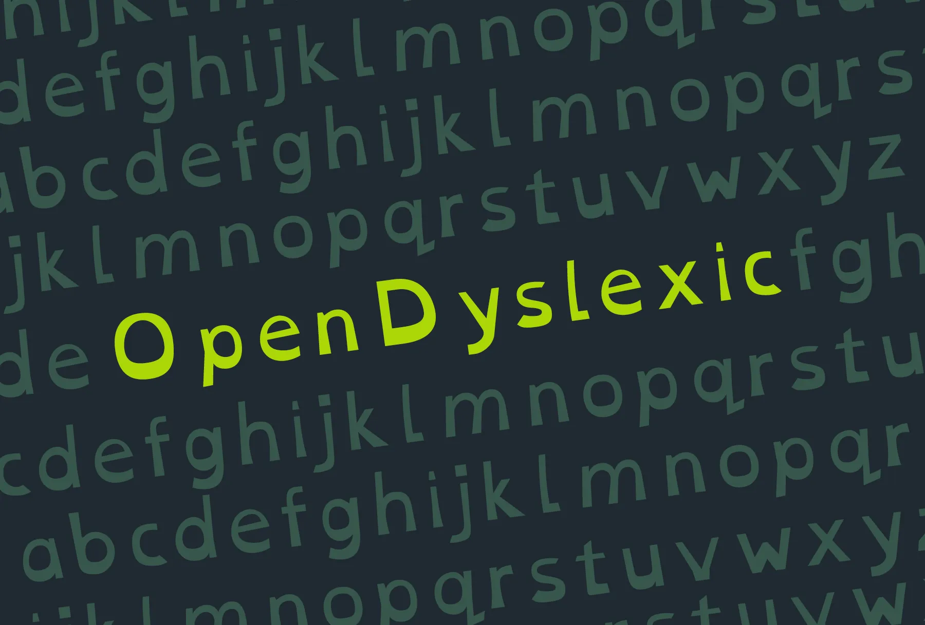 The words "Open Dyslexic" are written on a dark background highlighted among the alphabet